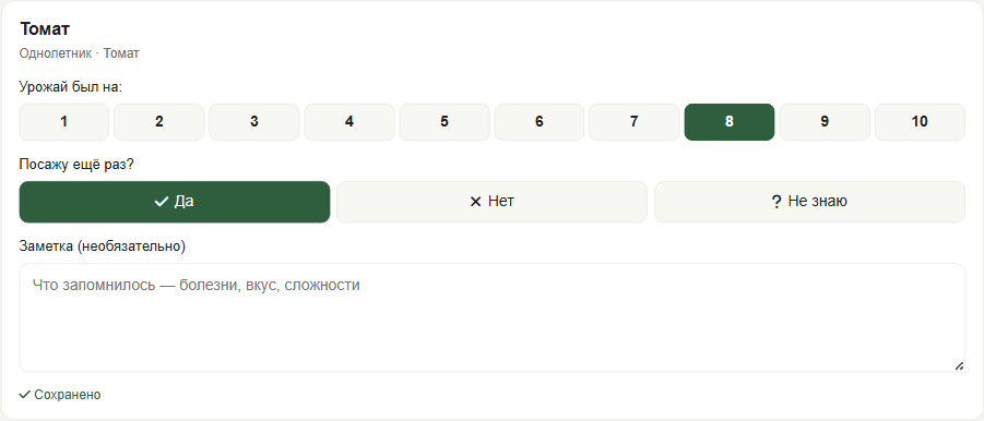 Карточка оценки урожая в личном кабинете «Мой огород»